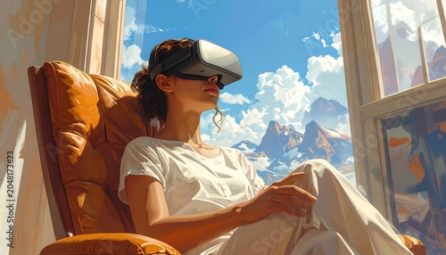 A woman wearing a virtual reality headset sits in an armchair by a window, looking at a mountain range