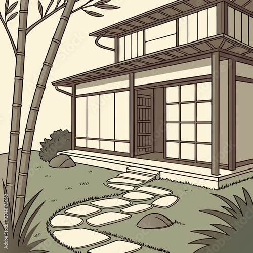 Tablou pe pânză Traditional japanese house with bamboo garden and stone path