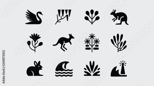 Black silhouette icon set illustrating various australian wildlife flora and scenic markers.