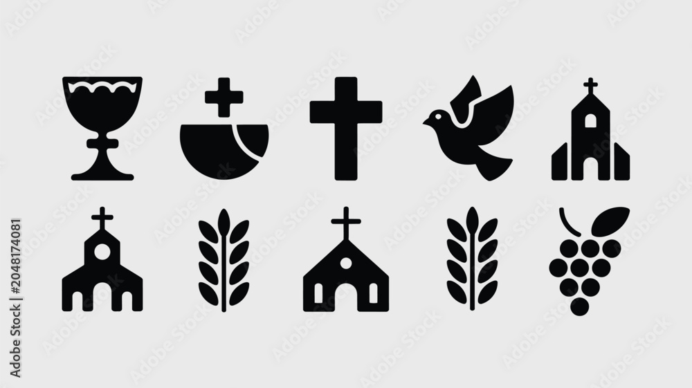Fototapeta premium Religious symbol set featuring chalice cross holy dove and church icons in black and white.