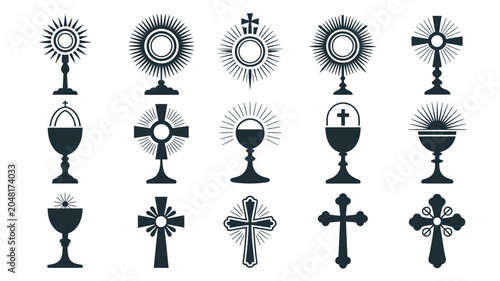 Series of monstrance and communion chalice vectors with rays of light and cross symbols.