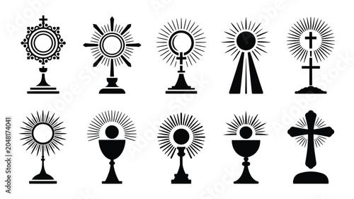 Bild auf Leinwand Set of eucharistic monstrance icons with radiating sunburst beams and religious crosses