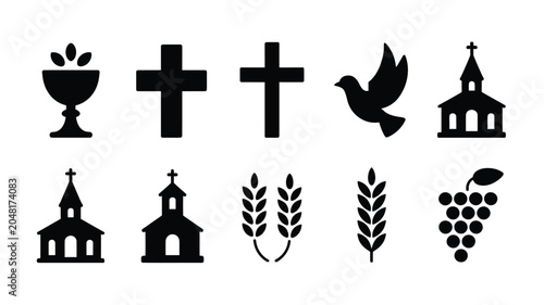 Christian themed icon set displaying church buildings crosses grain stalks and communion cup.