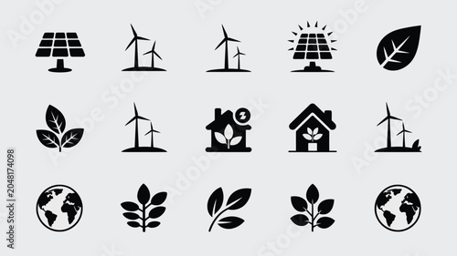 Set of black sustainable energy and ecology icons including solar power and wind turbines.