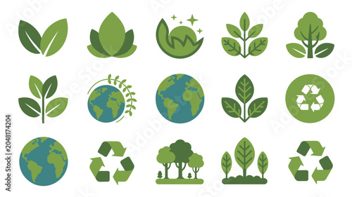 Foto Selection of green nature icons with forests globes and recycling symbols for eco design
