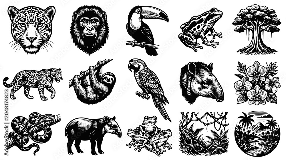 Fototapeta premium Black and White Line Art Tropical Animals and Nature Scene Vector Illustration