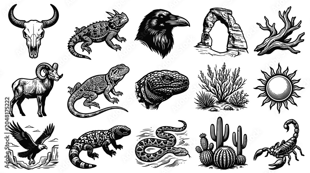 Obraz premium Black and White Engraving Style Desert Wildlife and Nature Vector Set - Southwestern Animals and Plants Collection