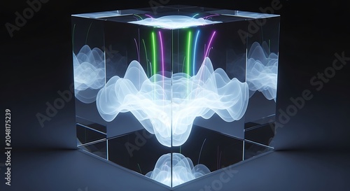 Abstract digital art with glowing white geometric shapes and neon colors.