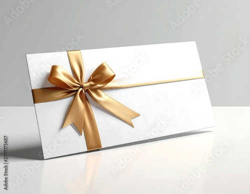 A white rectangular card, angled and tied with a gold ribbon and bow, resting on a white, reflective surface