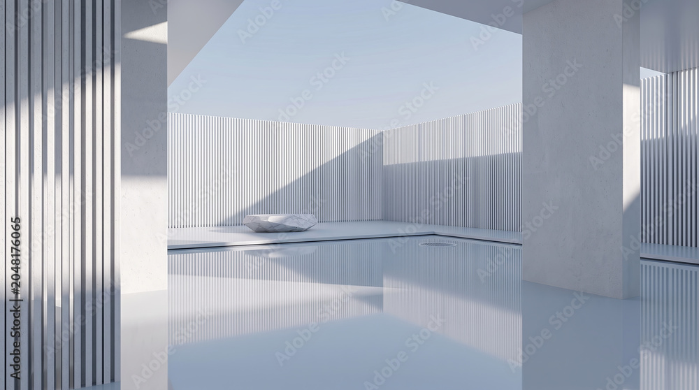 Fototapeta premium This is a serene minimalist modern architectural interior courtyard with a reflective water pool, concrete structures and soft natural sunlight casting gentle shadows.