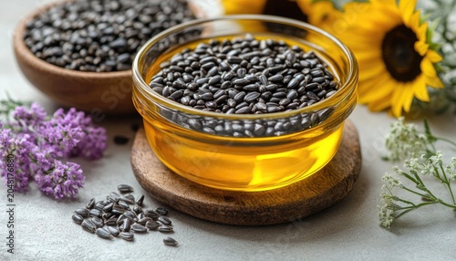 Still life of sunflower oil, seeds, and flowers in rustic, natural arrangement. Perfect for illustrating healthy eating, cooking, and natural food production.