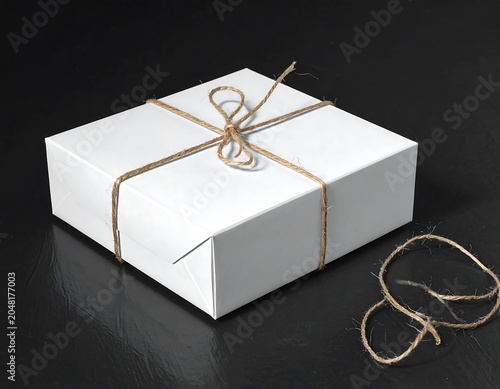 A white rectangular gift box tied with brown twine. A section of twine lies untied beside it on a black surface