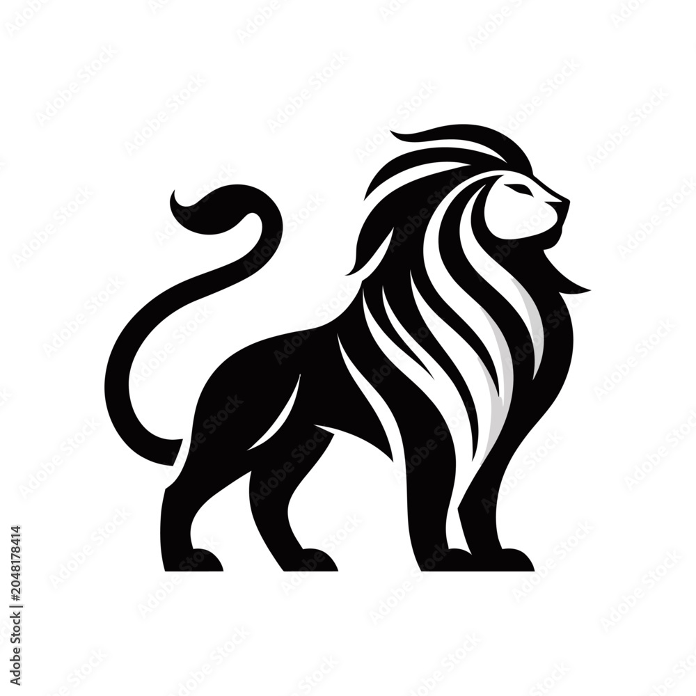 Fototapeta premium Stylized black and white silhouette of a majestic lion standing with a flowing mane and tail, depicted in a modern graphic art style.