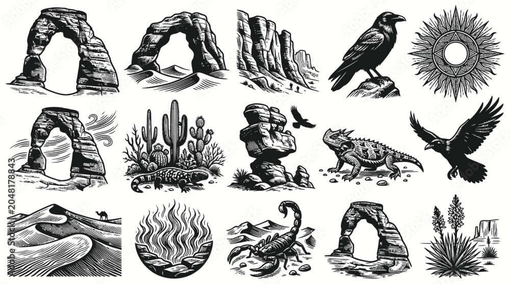 Obraz premium Desert Landscape Icons: Arches, Cacti, Scorpion, Crow, Sun, Sand Dunes - BW Line Art