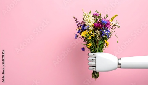 A white robotic hand holding a colorful bouquet against a vibrant pink backdrop