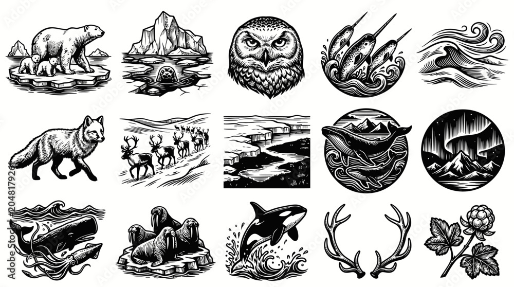 Obraz premium Arctic Animals and Nature Black and White Line Art Vector Icons Set