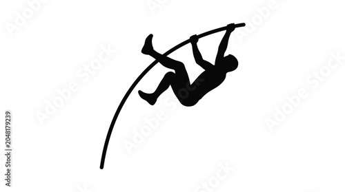 Foto Pole vaulter in mid air black silhouette against a white background