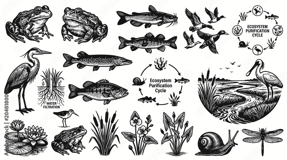 Obraz premium Black and White Line Art Engraving of Pond and Wetland Ecosystem, Aquatic Animals, Plants, and Purification Cycle