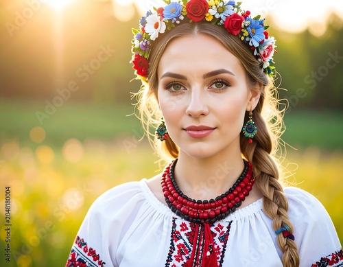 A woman in traditional attire and floral crown smiles gently, outdoors in natural light