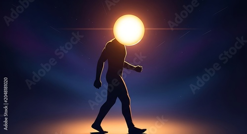 Solitary figure walking under street lamp at night.