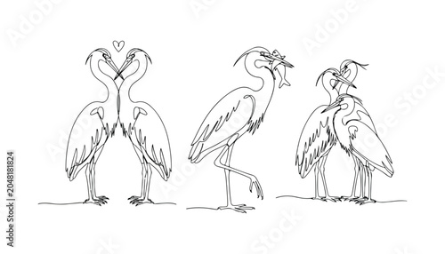 Cuadro en lienzo Continuous Simple black line art drawing set of Whooping crane  bird in a minimalist style on a white background