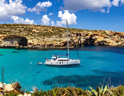 A white sailboat floats on crystal clear turquoise waters near a rocky, sun-drenched coastline