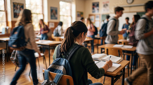 Focused High School Student Studying in Busy Classroom During School Day