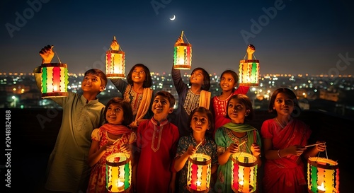 Group of children holding colorful lanterns at night with cityscape and crescent moon
