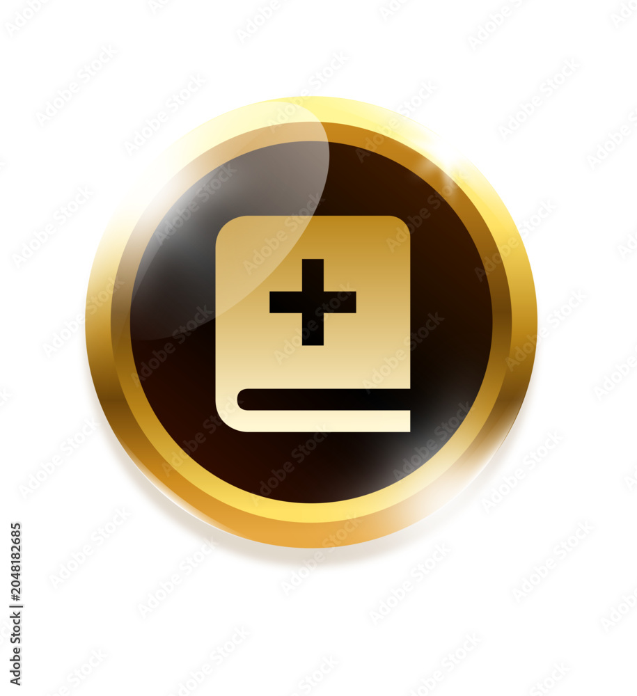 Fototapeta premium Glossy gold book add symbol with metallic round shiny gradient