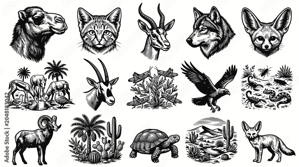 Fototapeta premium Desert Wildlife Ecosystem Black and White Engraving Style Illustrations Set