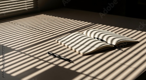 Open book and pen on table with striped shadows