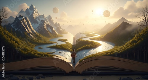 Open book with fantasy landscape and river flowing through mountains