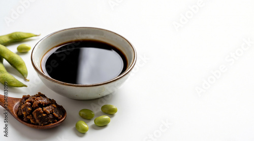 Soy sauce in ceramic bowl with miso paste and edamame on white
