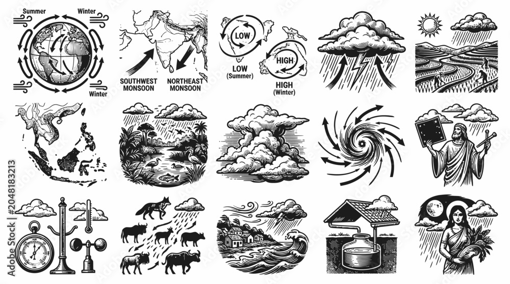 Fototapeta premium Weather Meteorology Science Climate Icons Set Black White Line Art
