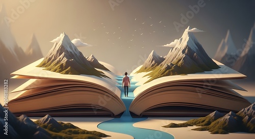 Person standing between giant open book with mountains and river