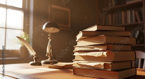 Stack of old books on wooden desk with lamp and window