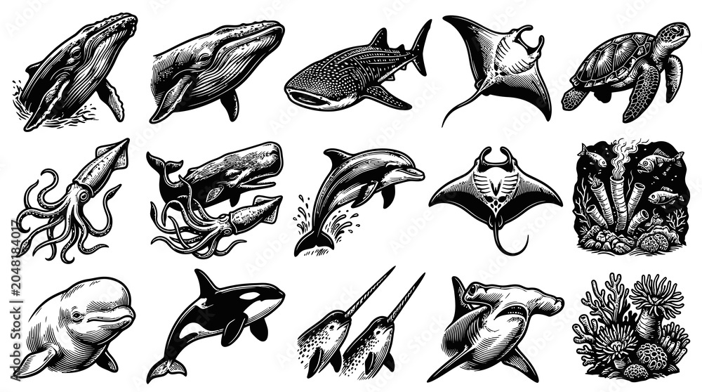 Obraz premium Ocean Marine Life Black and White Engraving Set: Whales, Sharks, Rays, Dolphin, Turtle, Squids, Reef Animals