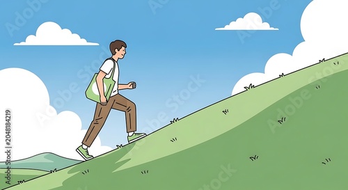 Young man snowboarding down a green slope on sunny day.