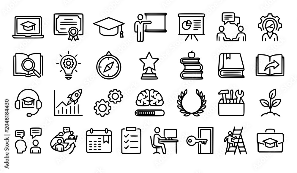 Fototapeta premium Editable stroke training icon pack featuring learning coaching workshops and professional education symbols