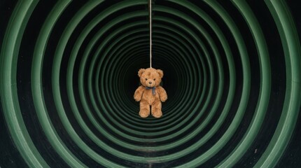 Teddy bear suspended in dark tunnel with green concentric circles