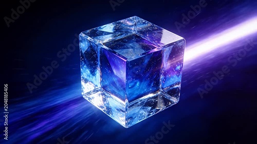 Transparent cube with blue purple nebula light and diagonal purple beam on dark background