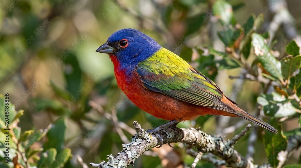 Fototapeta premium Vibrant Bunting Perched on Branch in Sunny Natural Habitat, Colorful Wildlife Portrait