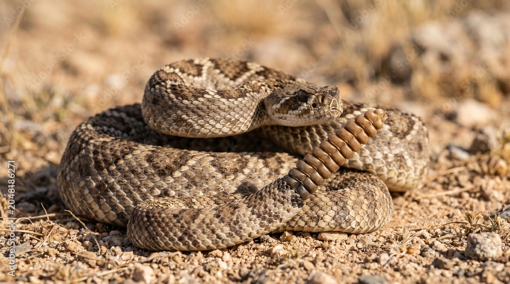 Obraz premium Coiled venomous rattlesnake resting on dry desert ground in its natural habitat