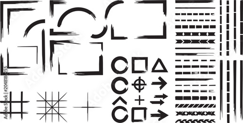 Foto Hand drawn black ink frame corners geometric shapes and dashed borders collectio