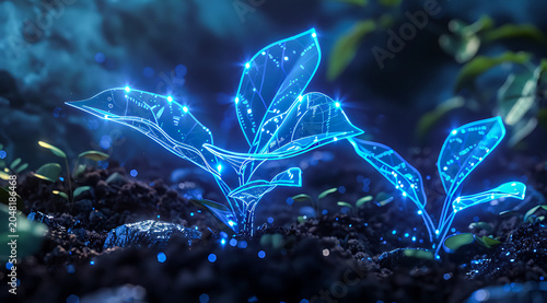 Glowing blue fantasy plants growing in dark soil with sparkling particles. Magical bioluminescent nature scene, futuristic botanical concept and mystical forest atmosphere. 4K Wallpaper
