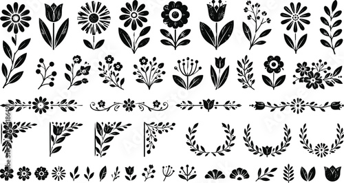 Bild auf Leinwand Black Floral Vector Illustrations, Silhouette Flowers, Leaves, and Wreaths Vecto