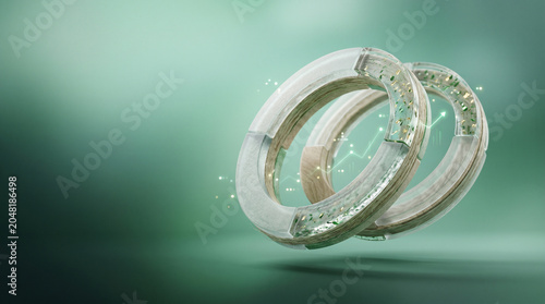 Futuristic glass rings with digital data chart, glowing circular technology elements on green background, abstract financial growth concept