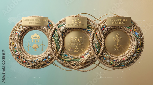 Sustainable ESG business concept with rope rings, carbon neutral initiative and sustainable progress icons, eco-friendly corporate responsibility