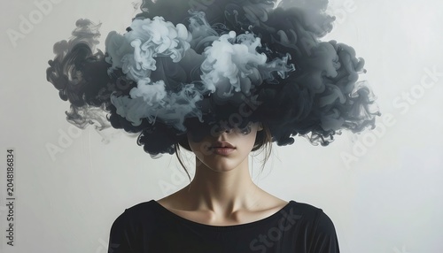A woman with a large cloud of dark smoke obscuring her head and eyes, against a plain white background, creating an ethereal look