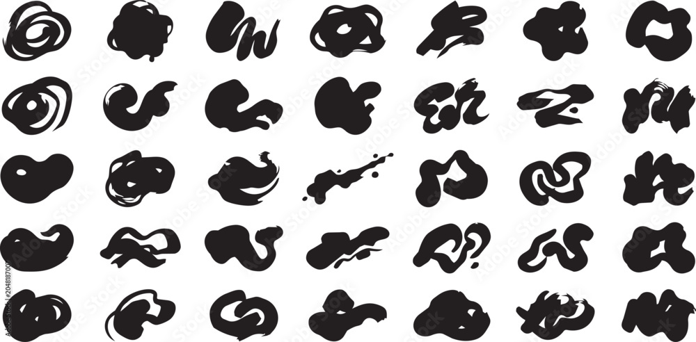 Fototapeta premium Grungy black ink splatter paint blobs and abstract hand drawn brush strokes collection